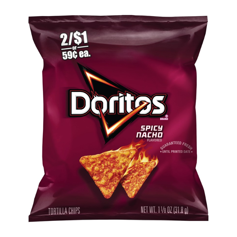 Front of Doritos Spicy Nacho Tortilla Chips bag showing bold logo and vibrant spicy nacho flavour design (31.8g pack)