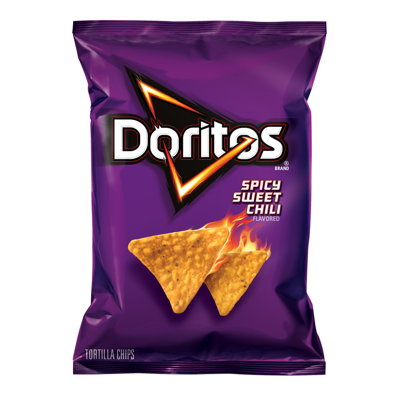 Front of Doritos Spicy Sweet Chilli Corn Chips bag showing purple packaging, Doritos logo, and corn chips (92g pack)