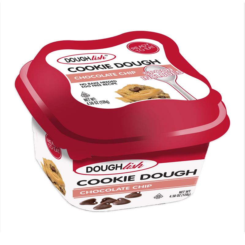 Front of Doughlish Chocolate Chip Cookie Dough tub showing logo, ready-to-eat label, cookie dough texture, and 128g pack size.