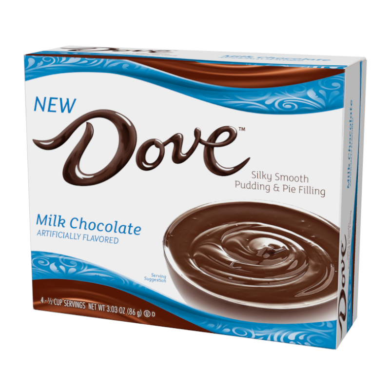 Front of Galaxy Dove Milk Chocolate Pudding packaging showing logo, milk chocolate flavour, and a serving suggestion (86g pack)