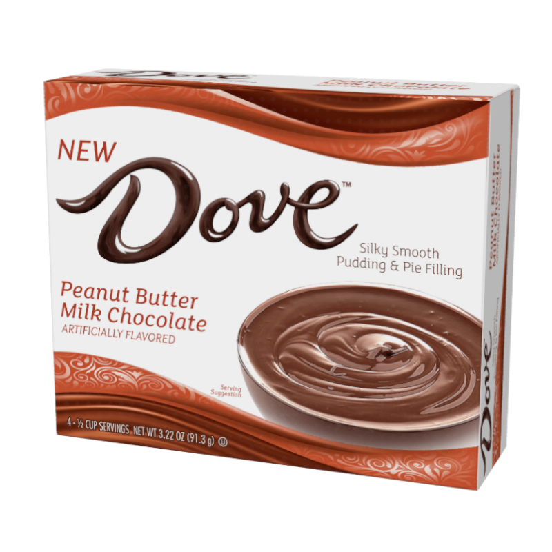 Front of Galaxy Dove Peanut Butter Milk Chocolate Pudding box showing the logo, silky smooth pudding image, and 91.3g pack size.