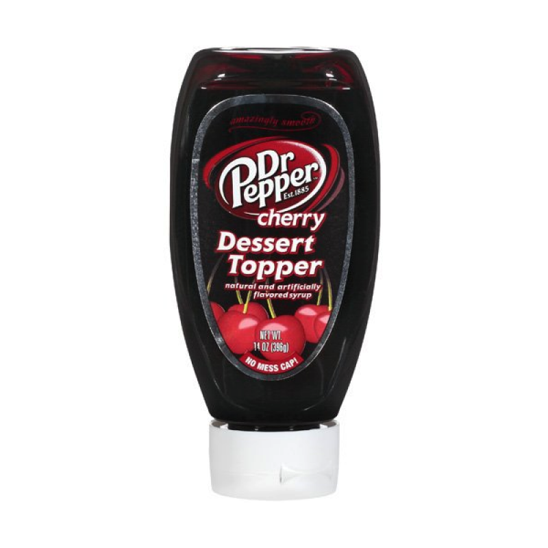 Front of Dr Pepper Cherry Dessert Topper bottle showing logo, cherry flavour label, and details with 340g pack size