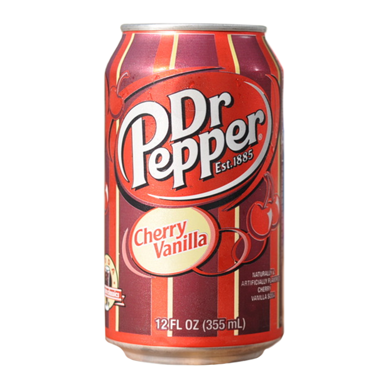 Front of Dr Pepper Cherry Vanilla can showing bold logo, cherry vanilla flavour text, and pack size (355ml)