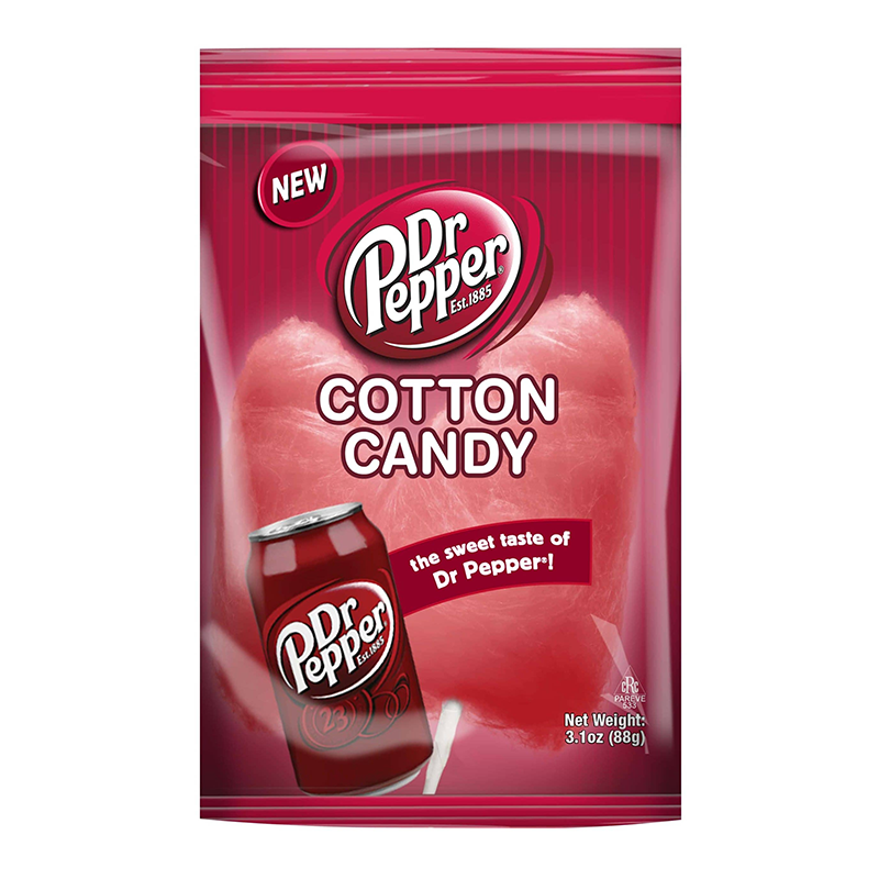 Front of Dr Pepper Cotton Candy bag showing logo, pink cotton candy, and a can of Dr Pepper with net weight 88g
