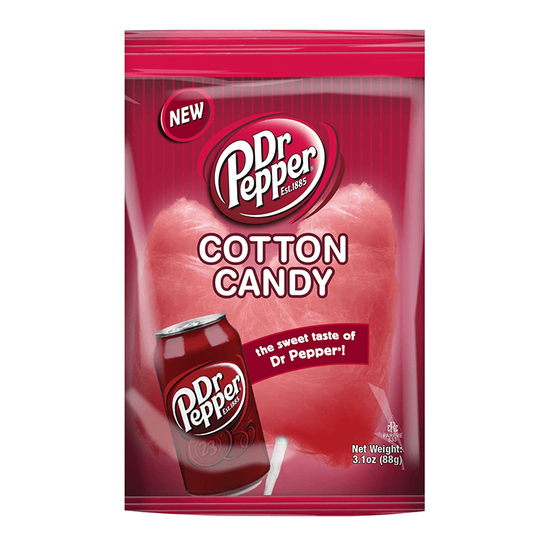 Front of Dr Pepper Cotton Candy bag showing logo, pink cotton candy, and a can of Dr Pepper with net weight 88g