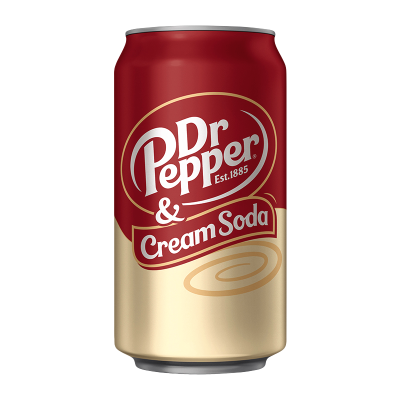Front of a Dr Pepper & Cream Soda can featuring the bold logo and creamy soda design (355ml pack)