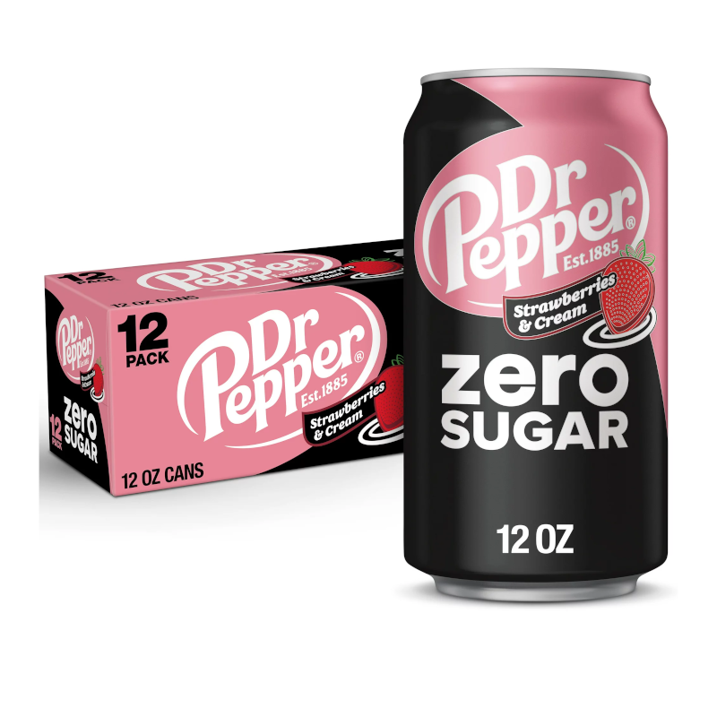 Front of Dr Pepper Strawberries & Cream Zero Sugar case showing logo, flavour details, and pack size (12-pack)