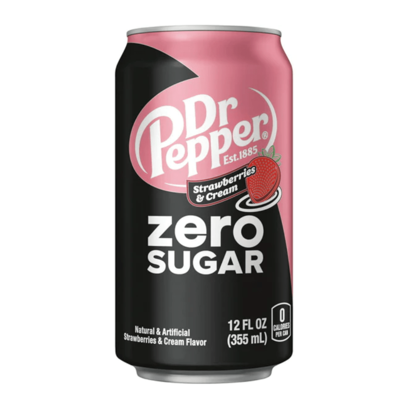 Front of a can of Dr Pepper Strawberries & Cream Zero Sugar (355ml) with logo, strawberry illustration, and zero sugar label details