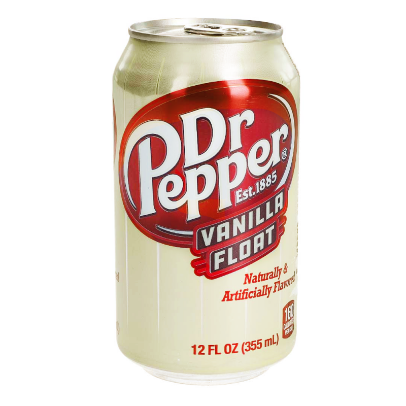 Front of Dr Pepper Vanilla Float can featuring the logo, flavour name, and 355ml volume details