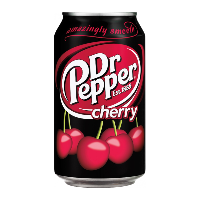 Front of Dr Pepper Cherry can featuring the brand logo, cherry flavour text, and vibrant cherry imagery (330ml can)