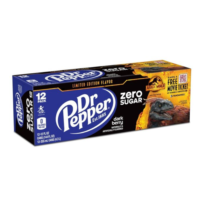 Front of a Dr Pepper Dark Berry Zero case showing the blue logo, dark berry flavour label, and pack size of 12 cans (355ml each)