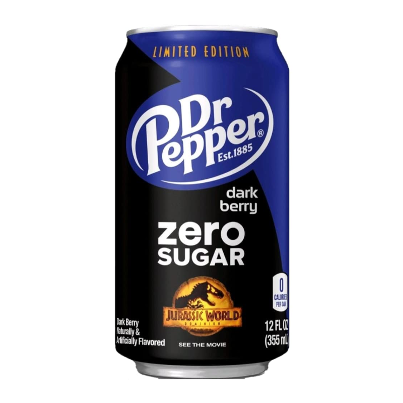 Front of Dr Pepper Dark Berry Zero can featuring logo, dark berry flavour text, zero sugar claim, and 355ml pack size