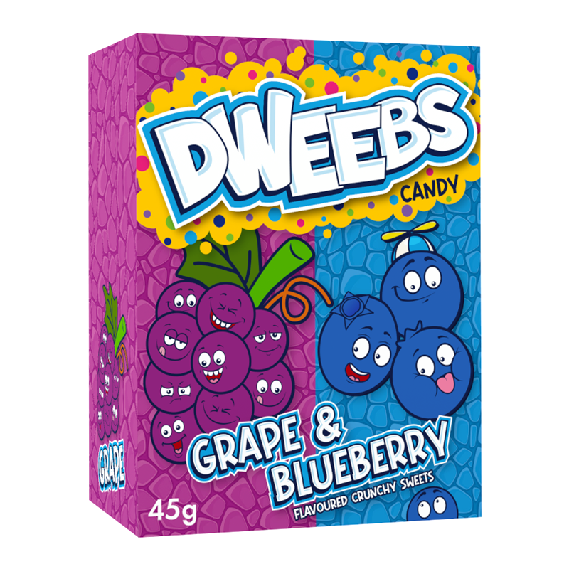 Front of Dweebs Grape & Blueberry candy packaging showing vibrant graphics, grape and blueberry characters, and the 45g pack size.