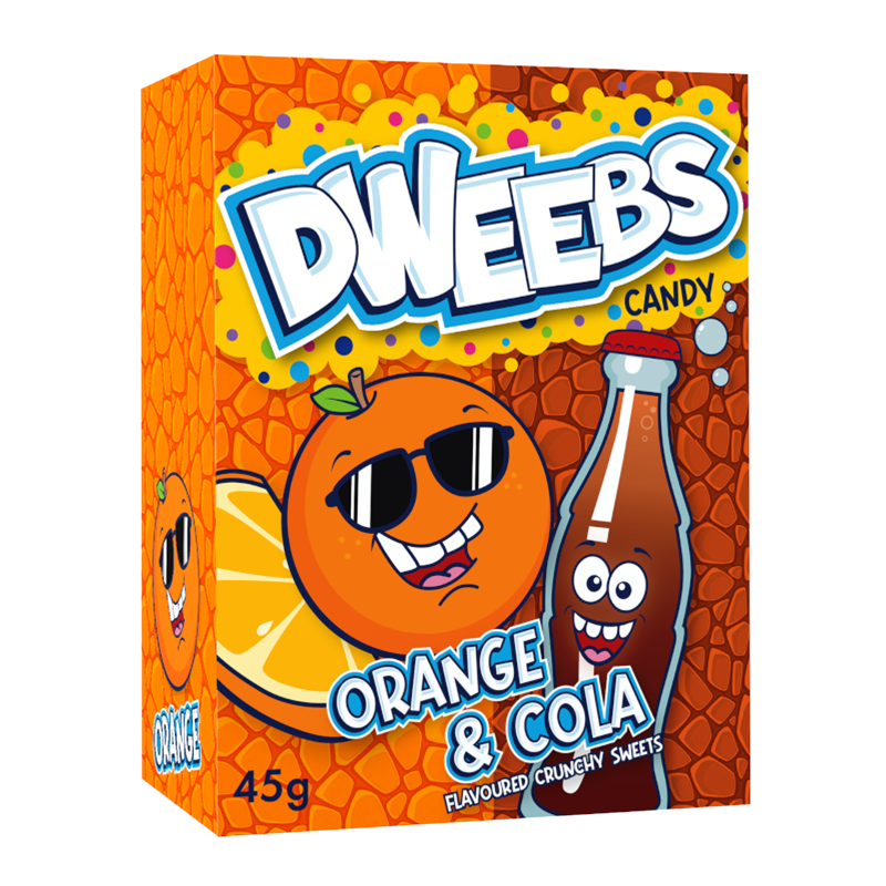 Front of Dweebs Orange & Cola box showing playful logo, vibrant orange and cola graphics, and pack size (45g)