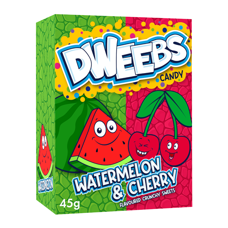 Front of Dweebs Watermelon & Cherry box showing bright green and pink design, featuring watermelon and cherry graphics, and the product name (45g pack)