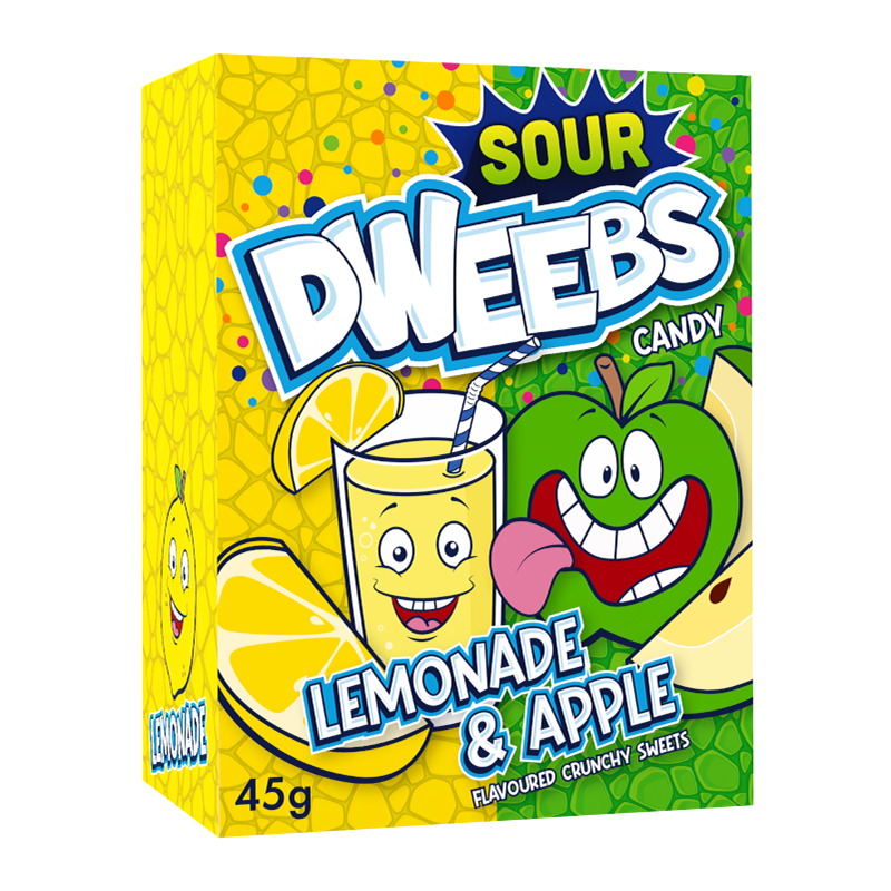 Front of Dweebs Sour Lemonade & Apple candy box showing colourful design, lemon and apple graphics, and pack size (45g)
