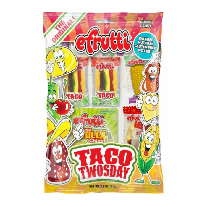 Front of eFrutti Gummi Taco Twosday 77g pack showing colourful gummi taco candies with playful cartoon characters and brand logo.