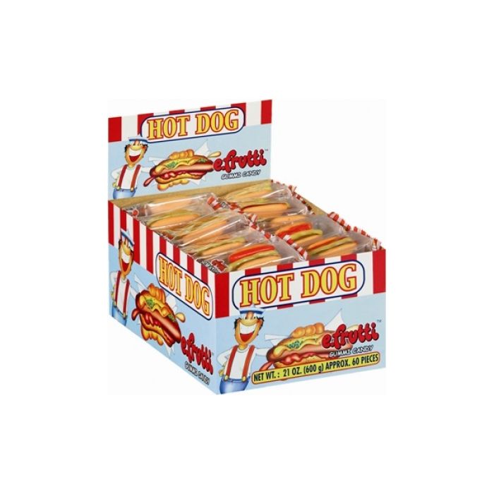 Front of eFrutti Gummi Candy Hot Dog pack showing vibrant gummy hot dog design, brand logo, and 9g content.