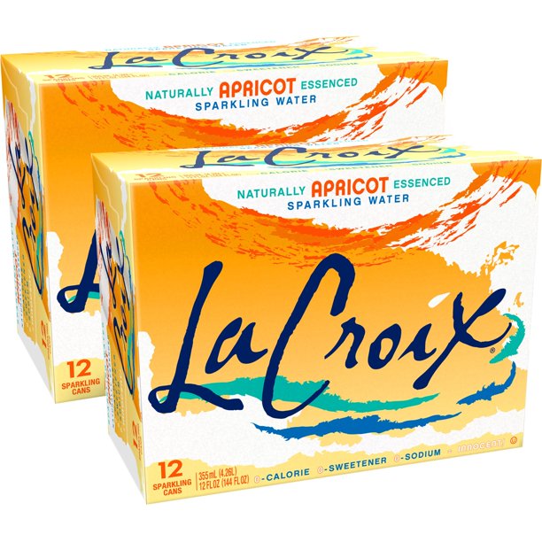 Front of La Croix Apricot case showing brand logo, naturally essenced apricot sparkling water label, and pack size of 24 cans (355ml each)
