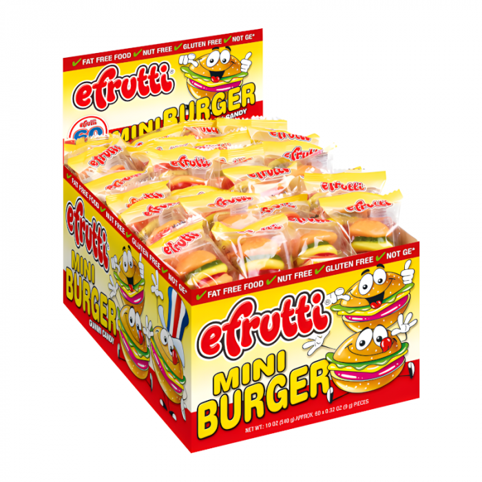 Front of eFrutti Gummi Candy Mini Burger package featuring bright colours, cartoon hamburger design, and 9g size indication.