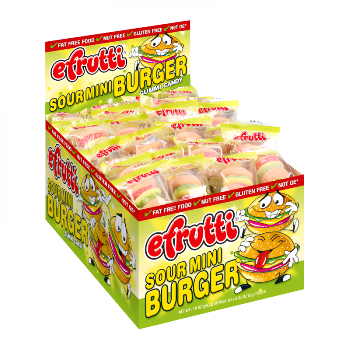 Front of eFrutti Sour Gummi Candy Mini Burger packaging showing playful burger design, bright colours, and 9g size label