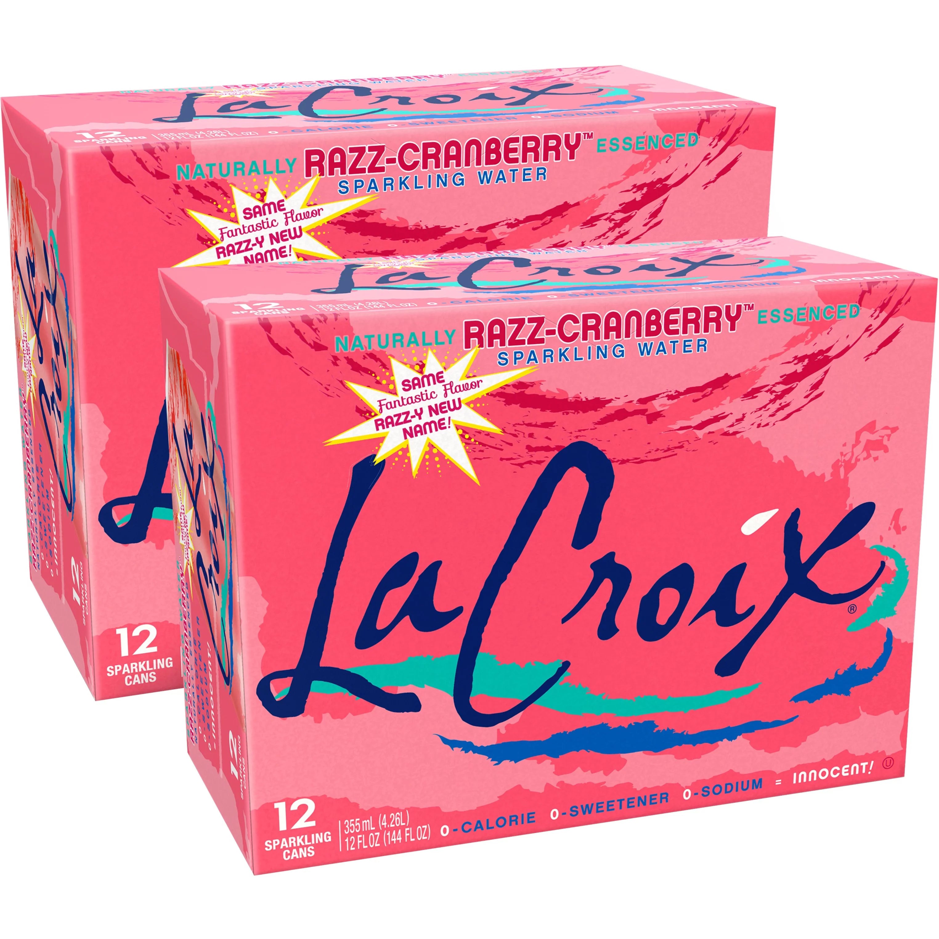 Front of La Croix Razz-Cranberry case showing the logo, flavour name, sparkling water details, and packaging for 24 cans (355ml each)