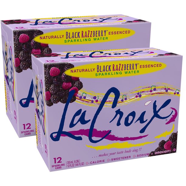 Front of La Croix Black RazzBerry pack showing logo, black raspberry flavour label, and vibrant packaging for Case of 24 (355ml x24)