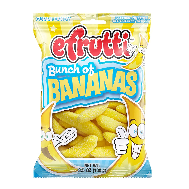Front of eFrutti Bunch of Bananas bag featuring bright yellow gummy banana shapes and logo on a playful packaging (100g pack)