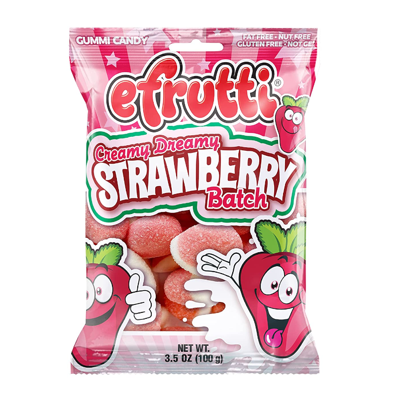 Front of eFrutti Creamy Dreamy Strawberries pack showing bright colours, playful strawberry design, and 100g label