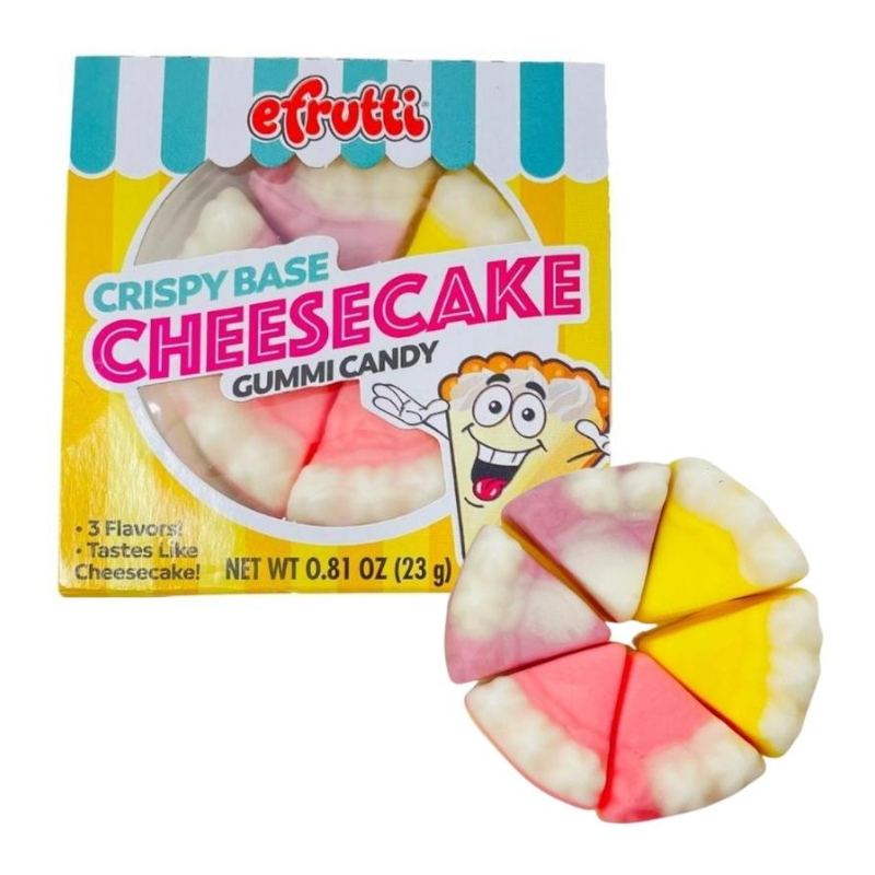 Front of eFrutti Gummi Cheesecake pack showing bright yellow packaging, cheesecake gummi pieces, and 23g (0.81 oz) label.