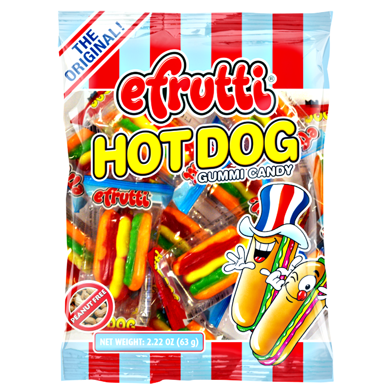 Front of eFrutti Gummi Candy Hot Dogs bag showing logo, colourful gummy candy shaped like hot dogs, and 63g pack size.