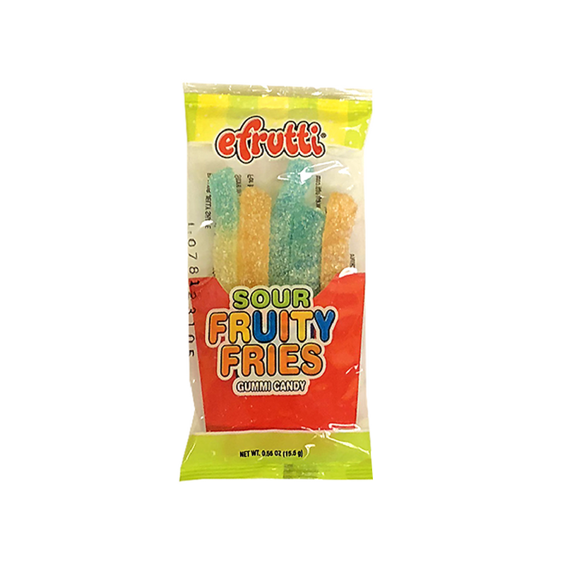 Front of eFrutti Sour Fruity Fries package showing the logo, colourful gummy candy, and pack size (15.5g)