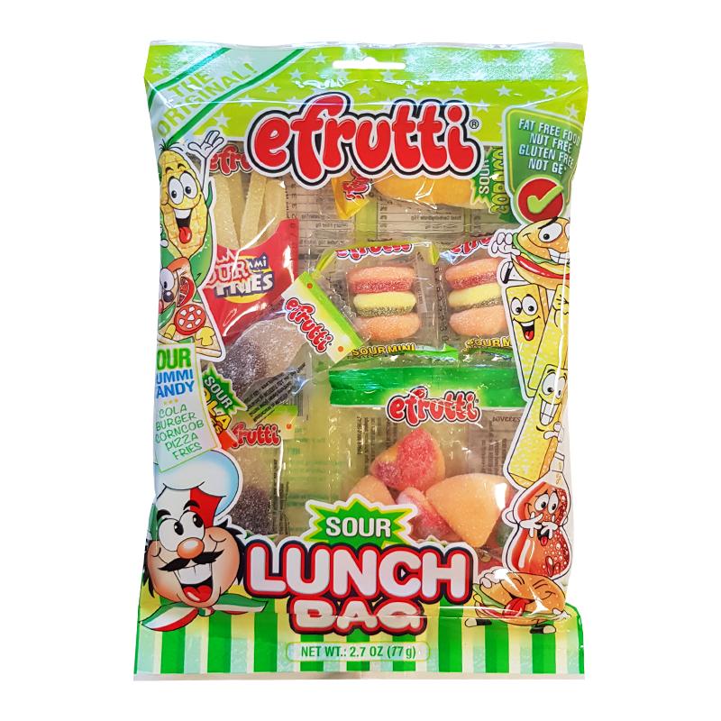 Front of eFrutti Sour Gummi Lunch Bag showing colourful gummy candies, logo, and pack size (77g)