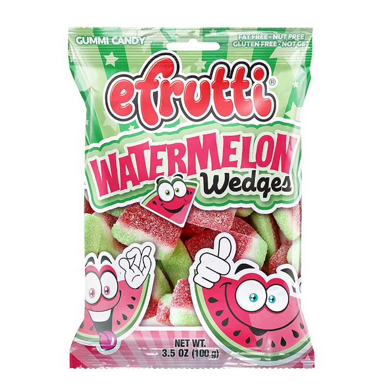 Front of eFrutti Watermelon Wedges bag featuring logo, colourful watermelon-shaped gummies, and 100g net weight label