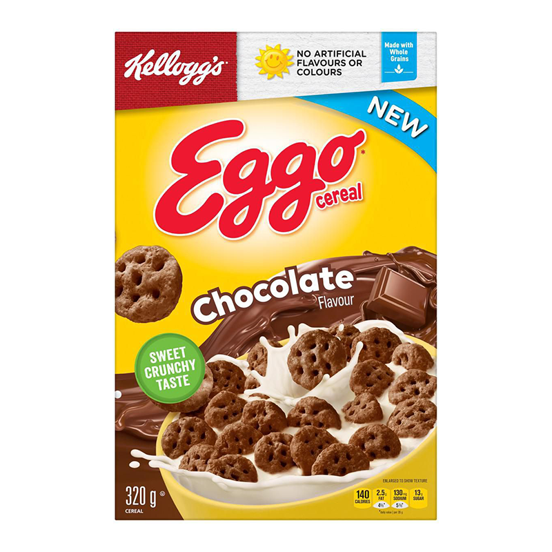 Front of Kellogg's Eggo Chocolate Waffle Cereal box showing logo, chocolate flavour label, and image of cereal with milk (320g pack)