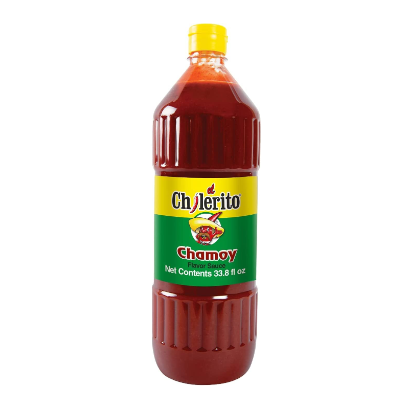 Front of El Chilerito Chamoy Original Sauce bottle showing the colourful label with Chamoy flavour and 1 litre size.