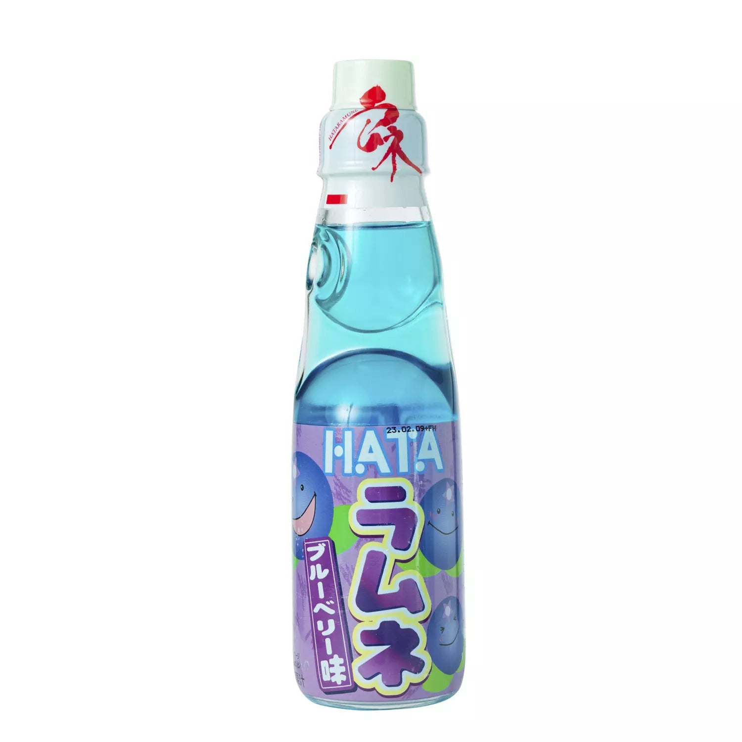 Front of Hata Ramune Blueberry bottle showing vibrant label with blue and purple colours, featuring blueberries and the 200ml size.