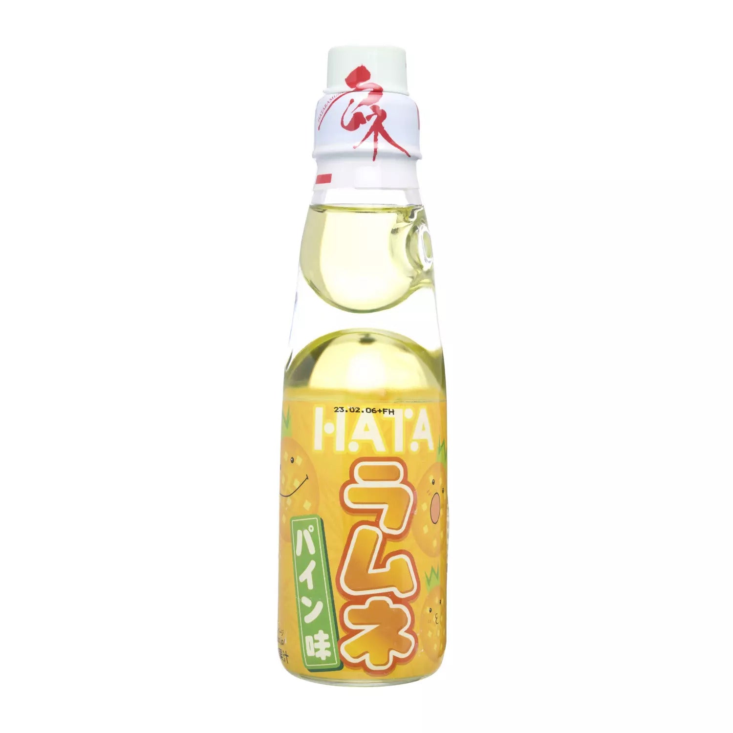 Front of Hata Ramune Pineapple bottle showing bright yellow label with playful pineapple design and 200ml pack size.
