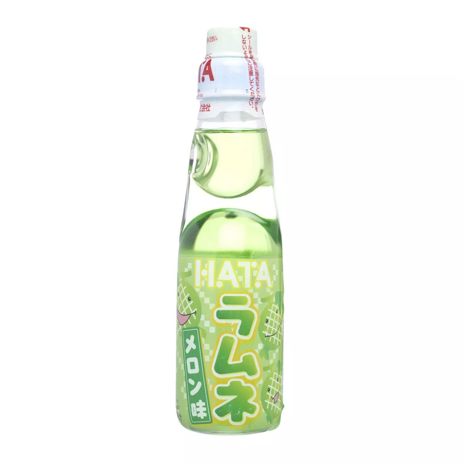 Front of Hata Ramune Melon bottle showcasing vibrant melon flavour label in green, with 200ml volume displayed prominently