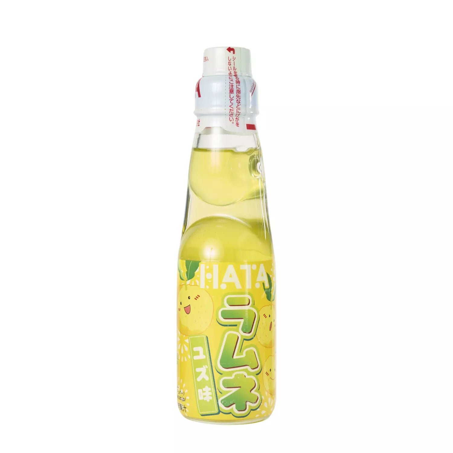 Front of Hata Ramune Yuzu bottle showcasing yellow label with yuzu fruit design and logo (200ml pack)