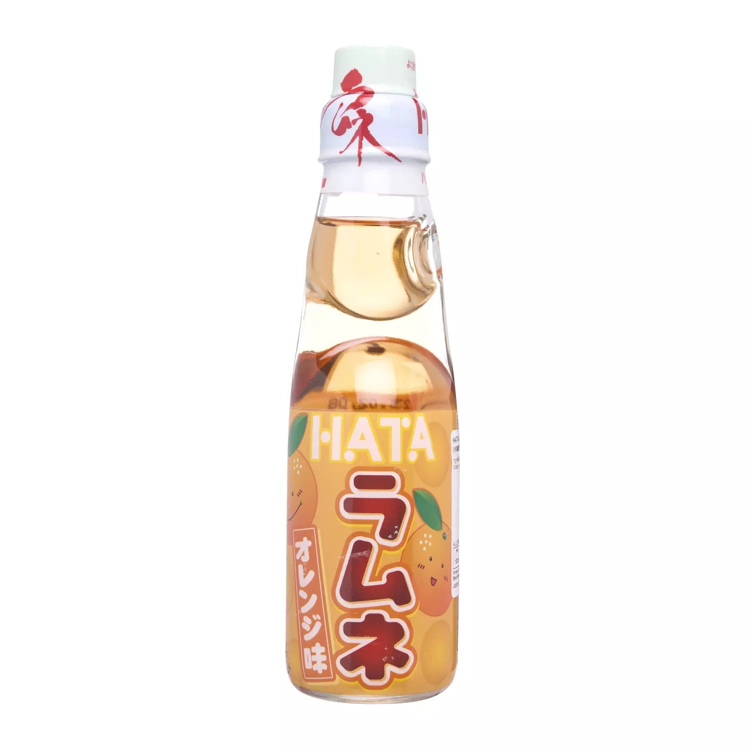 Front of Hata Ramune Orange bottle displaying orange flavour label and unique glass bottle design (200ml)
