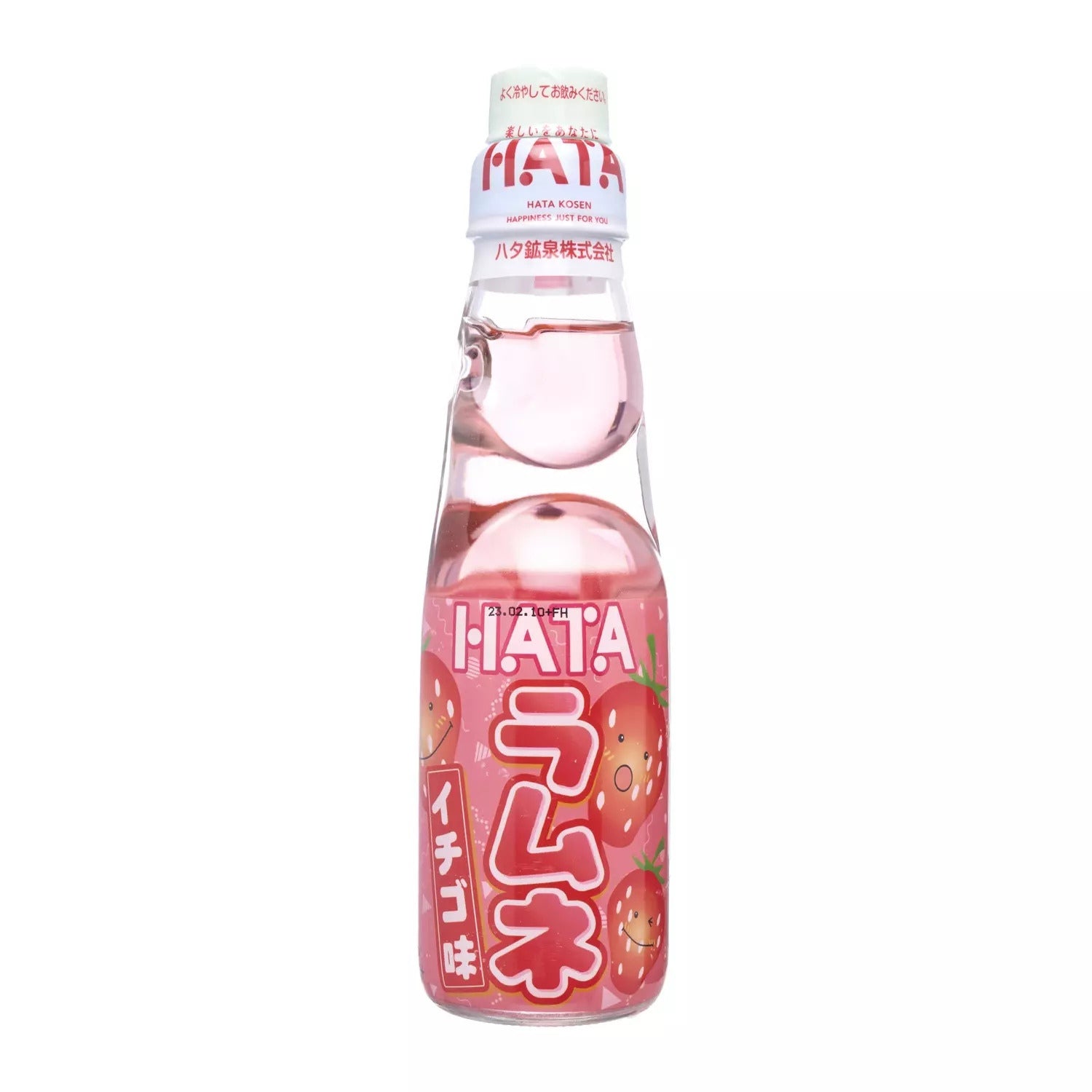 Front of Hata Ramune Strawberry bottle showing the pink label with strawberry graphics and a 200ml pack size.