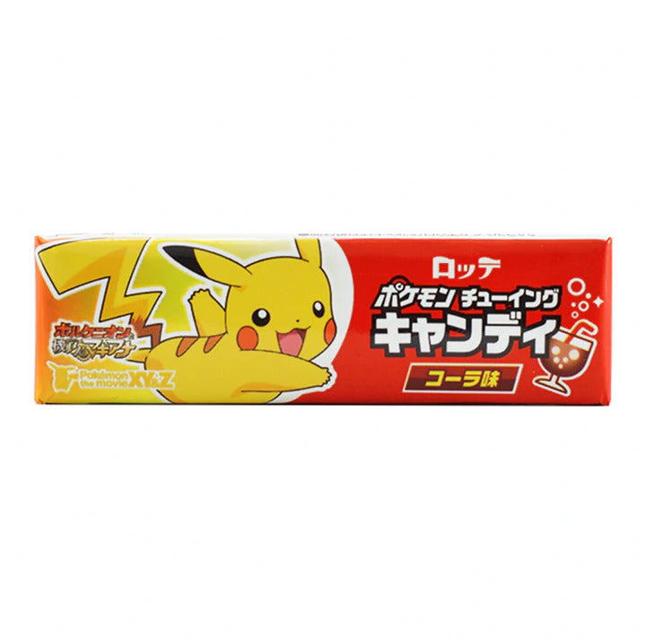 Front of Lotte Pokémon Chewing Candy (Japan) showing Pikachu character, cola flavour text, and vibrant packaging (24g pack)