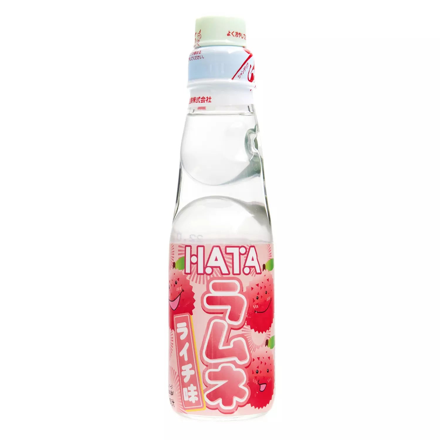 Front of Hata Ramune Lychee bottle showing pink label, lychee graphics, and Hata branding (200ml)