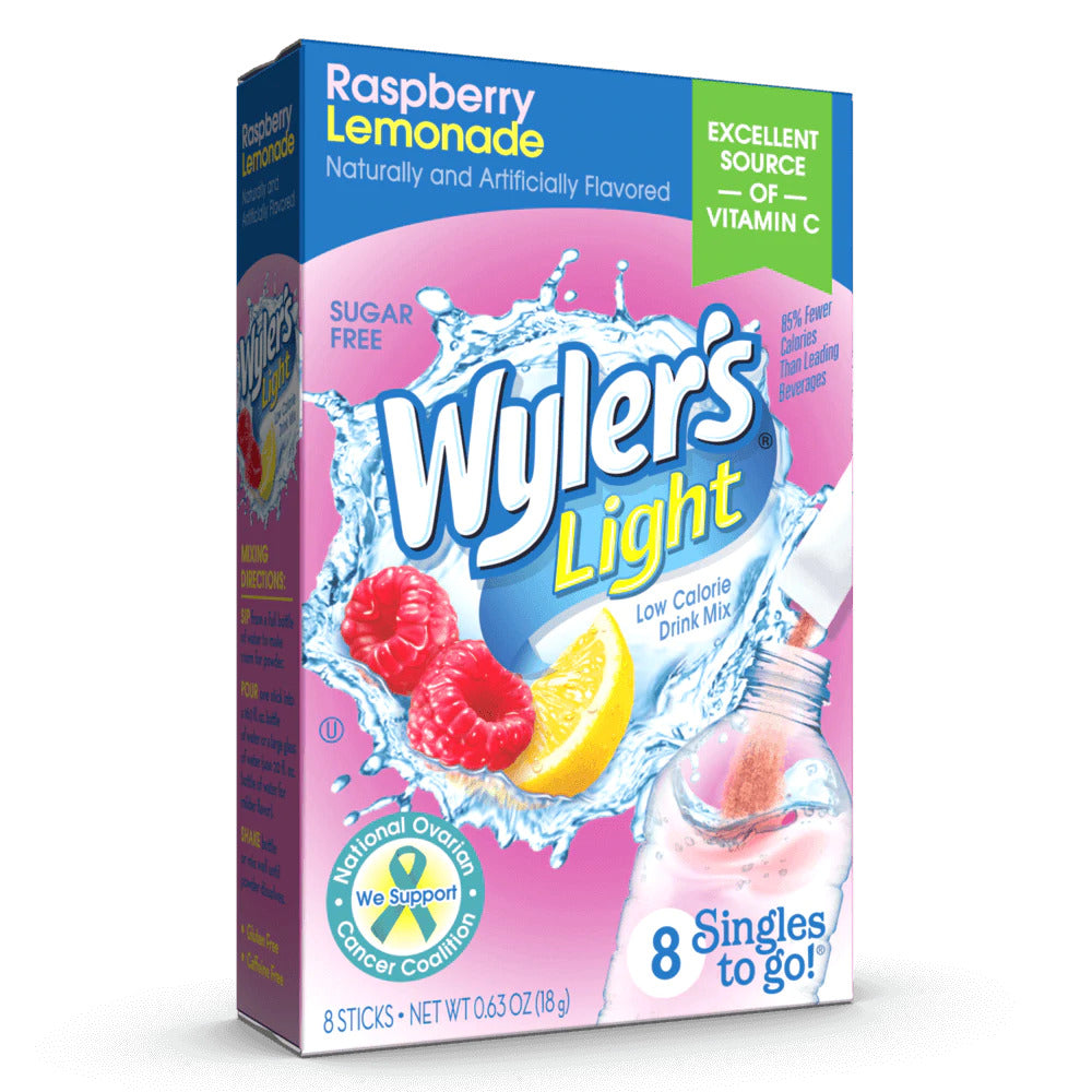 Front of Wyler's Raspberry Lemonade Singles To Go box featuring logo, raspberry and lemon imagery, and pack size of 8 sticks (18g total).