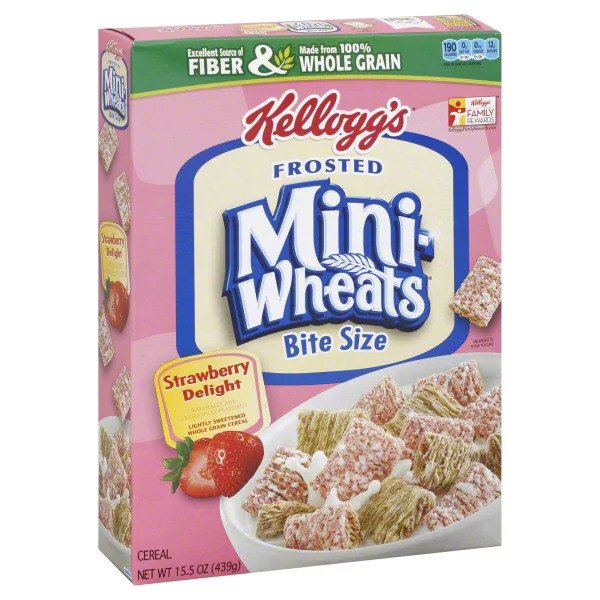 Front of Kellogg's Frosted Mini Wheats Strawberry Cereal box showing pink label, bite-sized cereal pieces, and 405g pack size