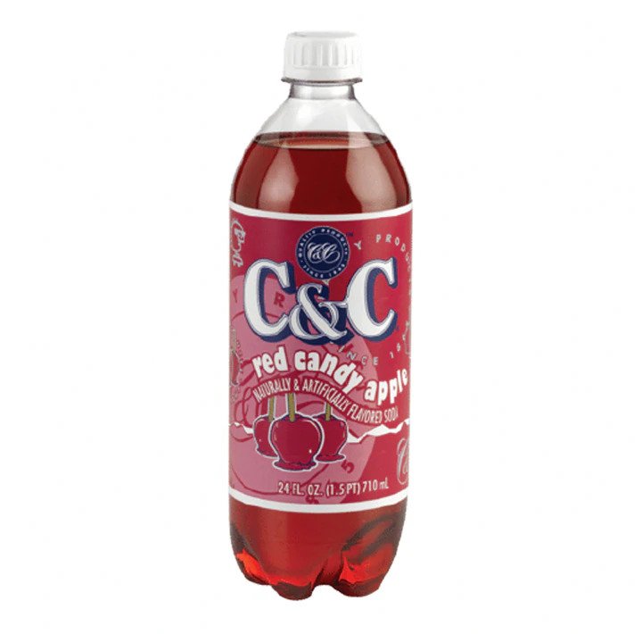 Front of C&C Red Candy Apple soda bottle featuring the label with the product name, red colour, and design elements (710ml)
