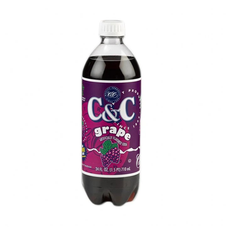 Front of C&C Grape Soda bottle showing purple label with grape flavour, brand logo, and pack size (710ml)