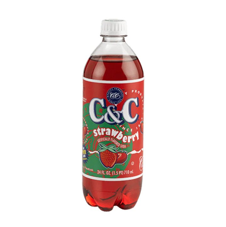 Front of C&C Strawberry Soda bottle displaying the logo, bright strawberry flavour label, and pack size of 710ml