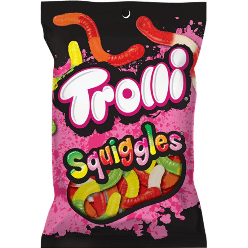 Front of Trolli Squiggles bag featuring a colourful design, logo, and an assortment of gummy worm candies (141g pack)
